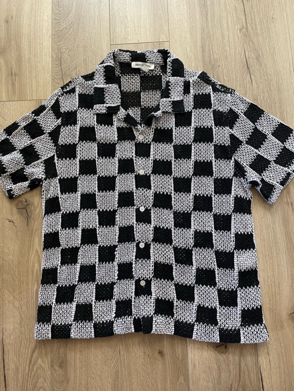 Urban outfitters crochet knit checkered camp shirt beach mens L boxy excellent